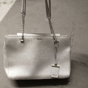 DKNY purse metallic gray chain straps leather handle